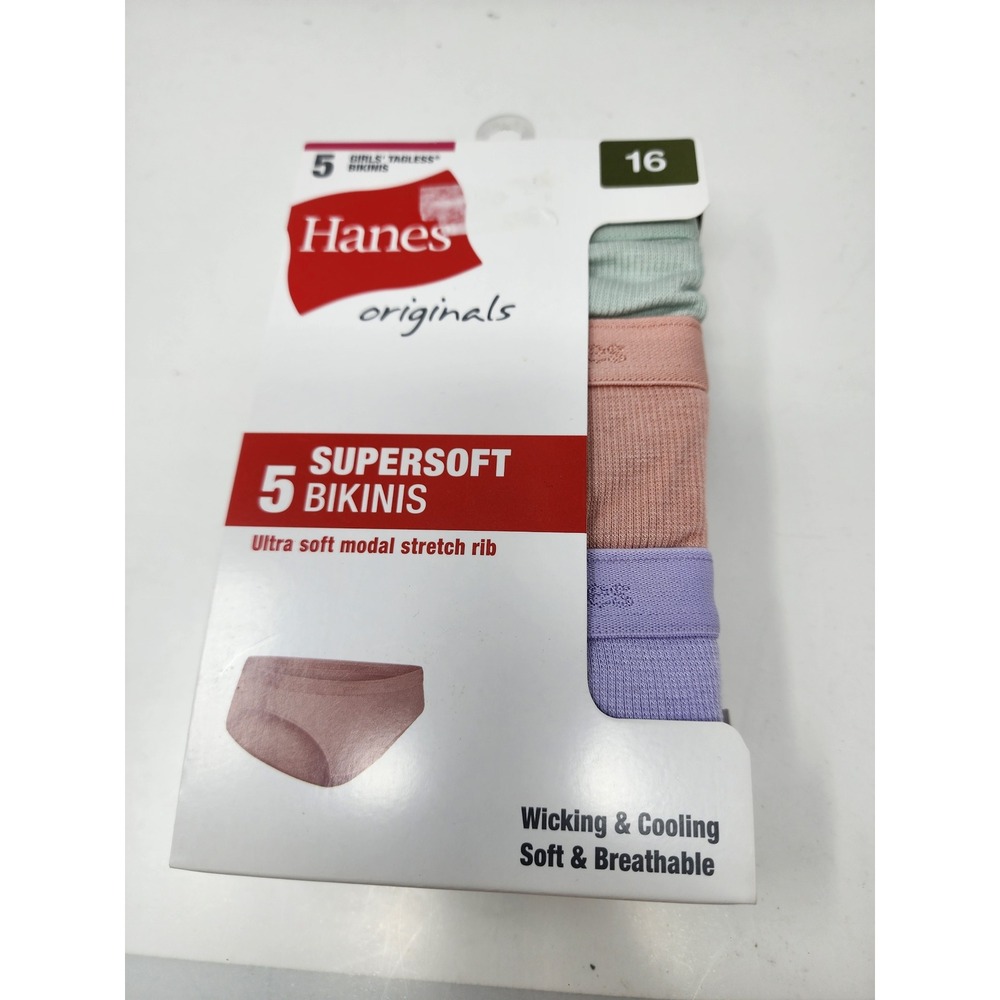 Hanes Girls Originals Bikinis Multicolor Modal Blend 5 Pack Underwear Size 16